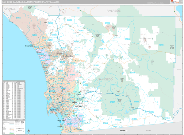 San Diego-Carlsbad Metro Area Zip Code Wall Map